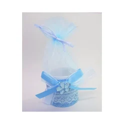 BOMBONIERE SCATOLA AZZURRA FIORE SACCHETTO ORGANZA PORTACONFETTI NASCITA BATTESIMO