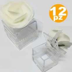 BOMBONIERE SCATOLA CON ROSA BIANCA PERLE CUBO 4.5CM PORTACONFETTI PER MATRIMONIO