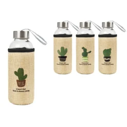 BORRACCIA DI VETRO BOTTIGLIA 400ML CON COPRIBOTTIGLIA FANTASIE CACTUS ASS 221428