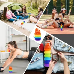 BORRACCIA PIEGHEVOLE ARCOBALENO IN SILICONE PORTATILE PER SCUOLA VIAGGI CAMPEGGIO 500ML