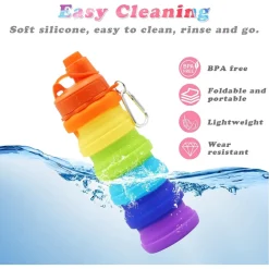 BORRACCIA PIEGHEVOLE ARCOBALENO IN SILICONE PORTATILE PER SCUOLA VIAGGI CAMPEGGIO 500ML