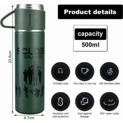 BORRACCIA TERMICA 500ML IN ACCIAIO INOX CON TAZZA MANICO PER BEVANDE CALDE FREDDE