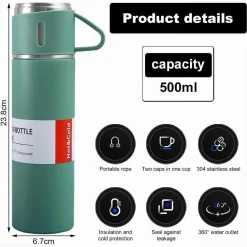 BORRACCIA TERMICA 500ML IN ACCIAIO INOX CON TAZZA MANICO PER BEVANDE CALDE FREDDE