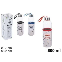 BOTTIGLIA BORRACCIA DI VETRO 600 ML CON COPRIBOTTIGLIA COLORATO 22CM VARI COLORI