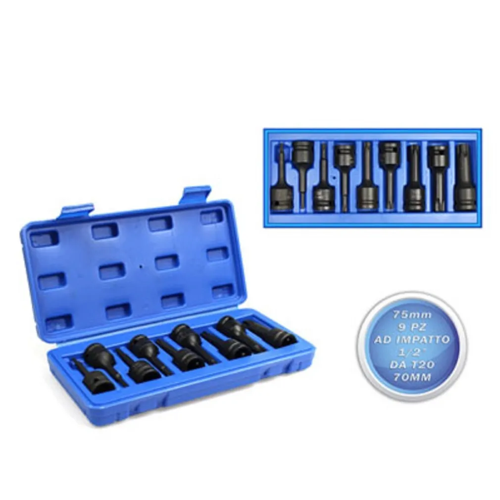 BUSSOLE TORX AD IMPATTO ATTACCO 1/2" SET 9 PZ MISURE DA T20 A T70 PUNTE 75 MM