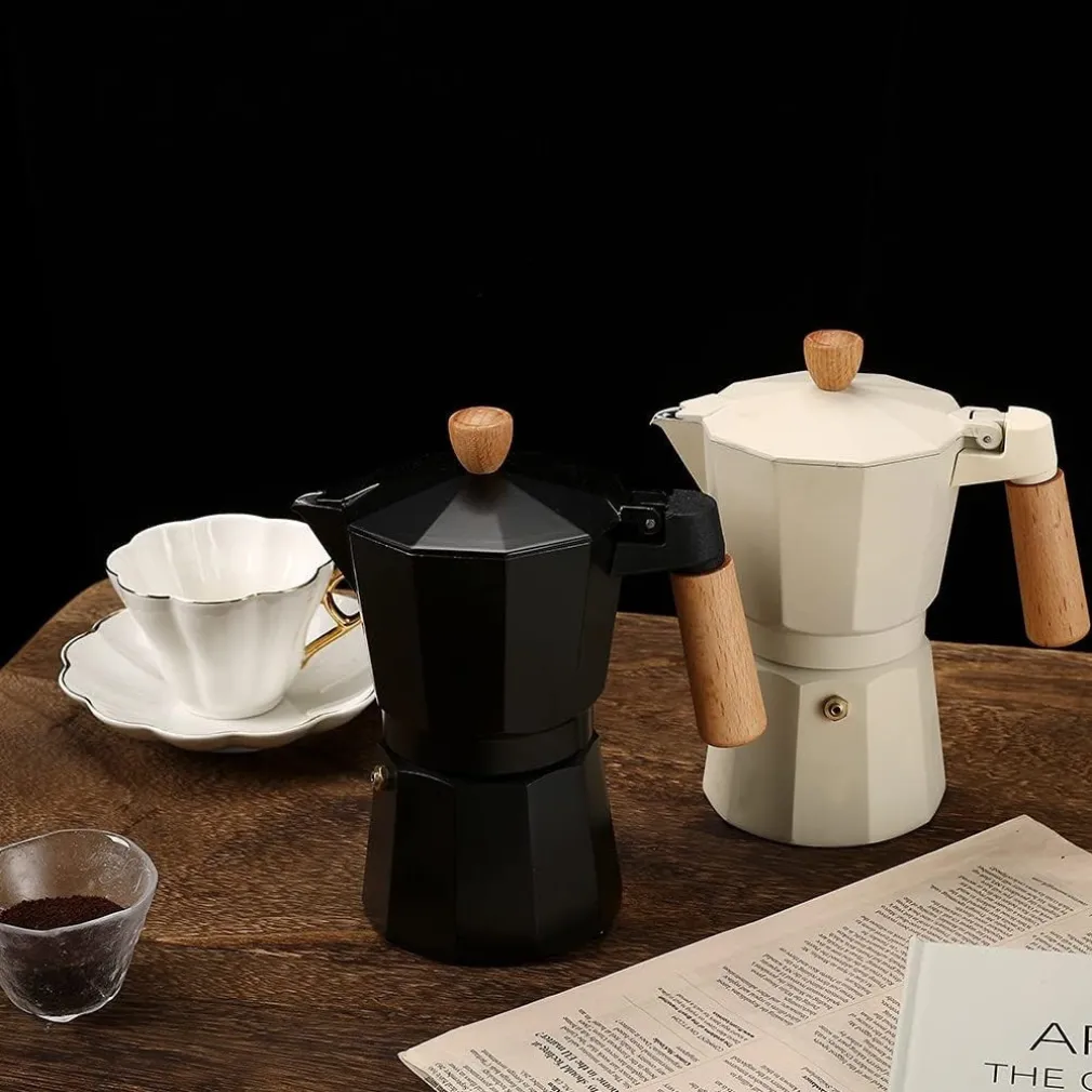 CAFFETTIERA IN ALLUMINIO MOKA 6 TAZZE CON MANICO POMELLO IN LEGNO UTENSILE CAFFÈ ESPRESSO