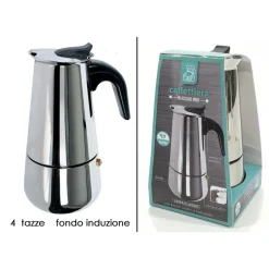 CAFFETTIERA MOKA IN ACCIAIO INOX LUCIDO CON MANICO IN BACHELITE DA 4 TAZZE FONDO INDUZIONE
