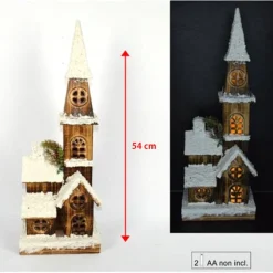 CAMPANILE LEGNO INNEVATO CON LUCI GIALLE ALTEZZA 54 CM DECORAZIONI NATALIZIE