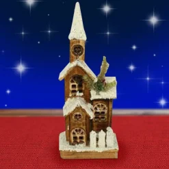 CAMPANILE LEGNO INNEVATO CON LUCI GIALLE ALTEZZA 41 CM DECORAZIONI NATALIZIE