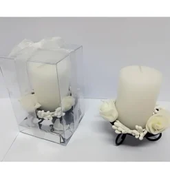 CANDELA CILINDRO SUPPORTO METALLO ROSE BIANCO CONFEZIONE BOMBONIERA MATRIMONIO