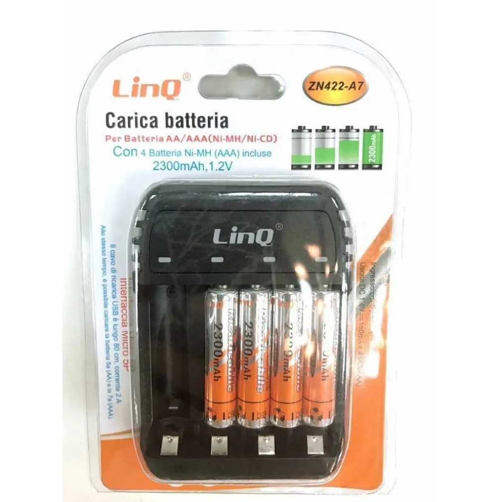 CARICA BATTERIE PILE STILO MINISTILO AA AAA ZN422-A7 + 4 PILE MINISTILO 2300MAH