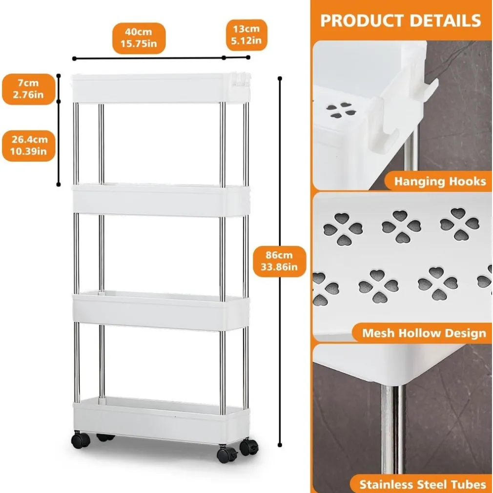 CARRELLO PORTAOGGETTI 4 LIVELLI SALVASPAZIO A 4 RUOTE SCAFFALE PER CUCINA BAGNO