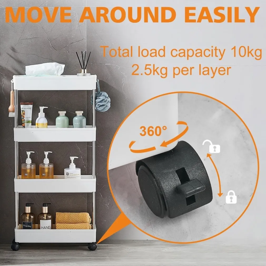 CARRELLO PORTAOGGETTI 4 LIVELLI SALVASPAZIO A 4 RUOTE SCAFFALE PER CUCINA BAGNO