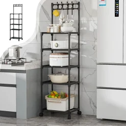 CARRELLO PORTAOGGETTI A 5 RIPIANI SCAFFALE MULTIUSO CON RUOTE GANCI PER CUCINA BAGNO NERO