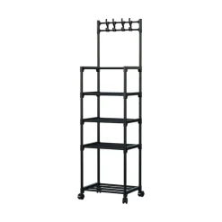CARRELLO PORTAOGGETTI A 5 RIPIANI SCAFFALE MULTIUSO CON RUOTE GANCI PER CUCINA BAGNO NERO
