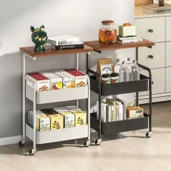 CARRELLO PORTAOGGETTI A 3 LIVELLI SCAFFALE MOBILE ORGANIZZATORE SCORREVOLE PIANO IN LEGNO