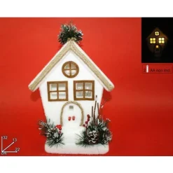 CASETTA CON RAMETTI BACCHE E PIGNE CON LUCE A PILE 32CM DECORAZIONI NATALIZIE