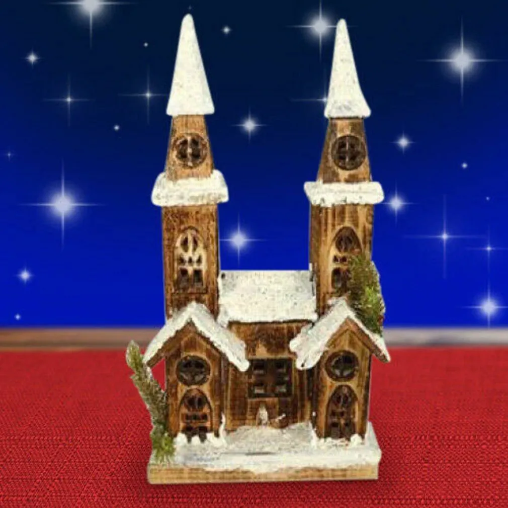 CASETTA LEGNO INNEVATA LUMINOSA CON 2 TORRI ALTEZZA 40 CM DECORAZIONI NATALIZIE