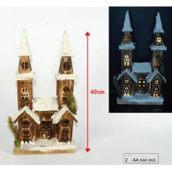 CASETTA LEGNO INNEVATA LUMINOSA CON 2 TORRI ALTEZZA 40 CM DECORAZIONI NATALIZIE