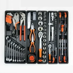 CASSETTA ATTREZZI COMPLETA DI 85 UTENSILI A 5 SCOMPARTI CHIAVI CRICCHETTI PINZE