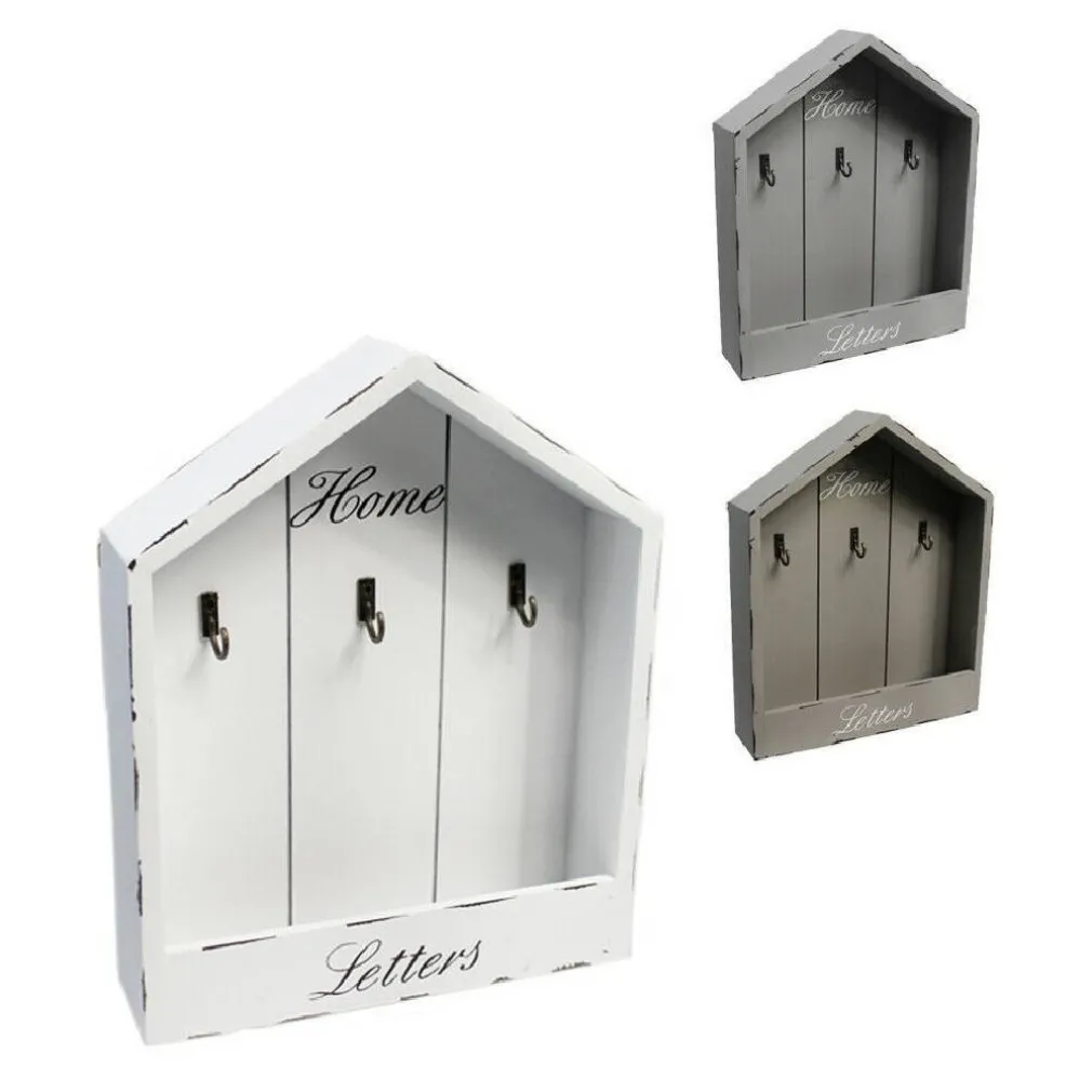 CASSETTA PORTACHIAVI DA PARETE IN LEGNO 3 POSTI SHABBY CON MENSOLA PORTALETTERE