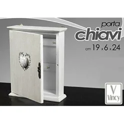 CASSETTA PORTACHIAVI DA PARETE IN LEGNO BIANCO CON CUORE STILE SHABBY CHIC