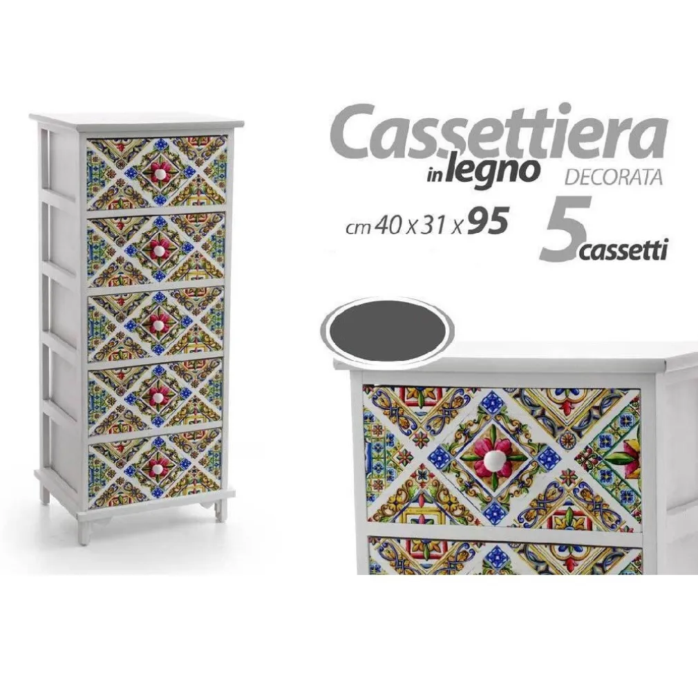 CASSETTIERA 5 CASSETTI COMODINO LEGNO DESIGN BIANCO MEDITERRANEO 40X31X95CM 829383