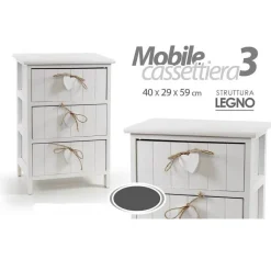 CASSETTIERA 3 CASSETTI H59X40X29CM LEGNO COMODINO BIANCO CUORE ARREDAMENTO CASA