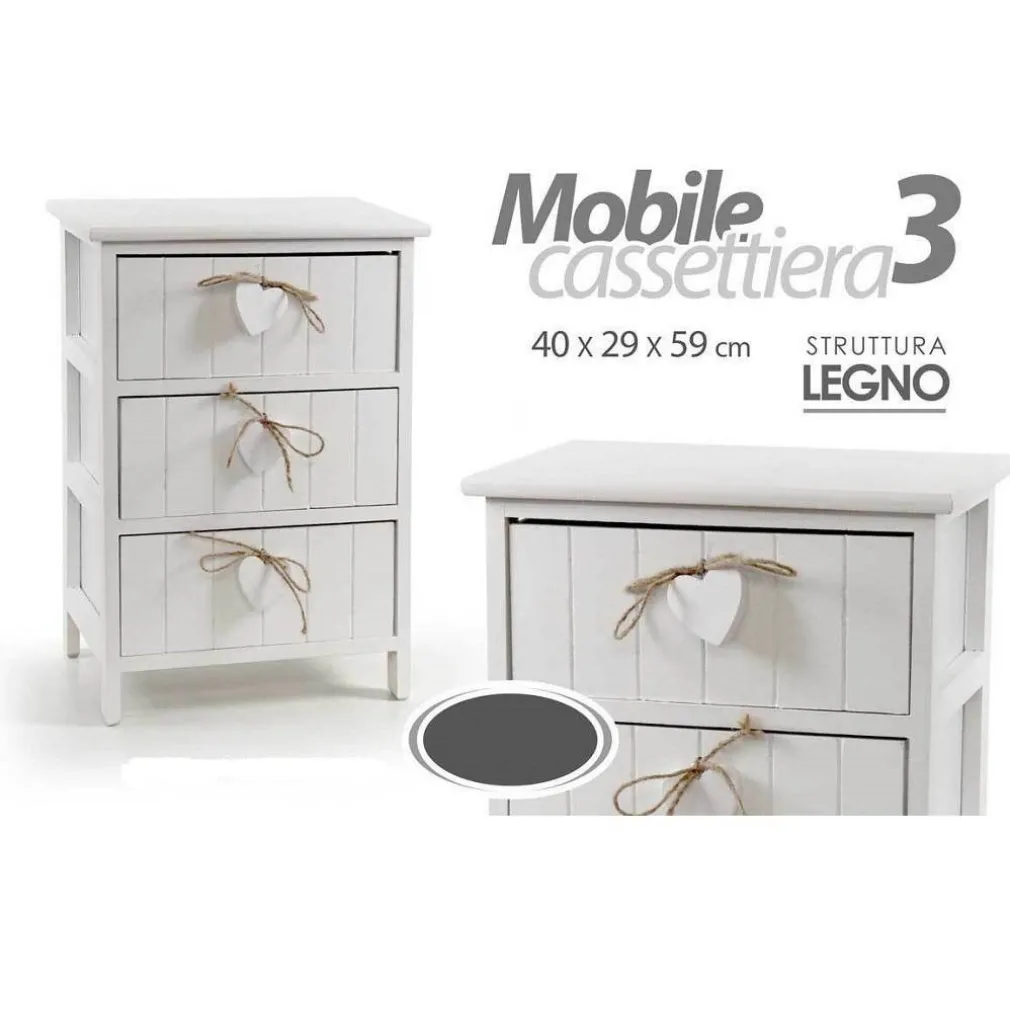 CASSETTIERA 3 CASSETTI H59X40X29CM LEGNO COMODINO BIANCO CUORE ARREDAMENTO CASA