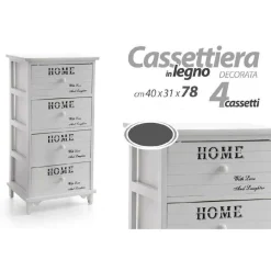 CASSETTIERA 4 CASSETTI 78X40X31CM COMODINO HOME BIANCO LEGNO SHABBY MULTIUSO