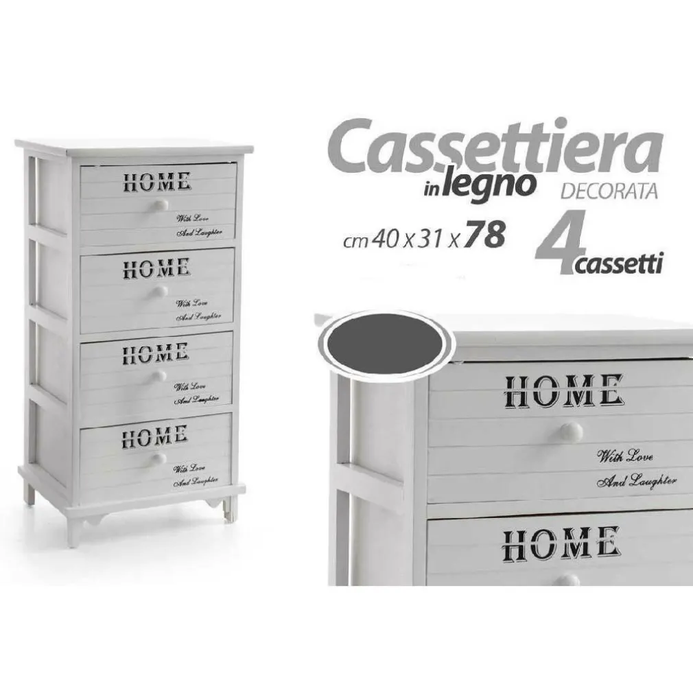 CASSETTIERA 4 CASSETTI 78X40X31CM COMODINO HOME BIANCO LEGNO SHABBY MULTIUSO