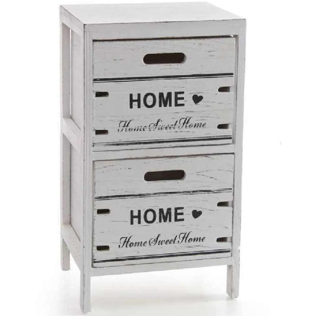 CASSETTIERA COMODINO HOME 2 CASSETTI LEGNO BIANCO ANTICATO 53X30X24CM SHABBY 787980
