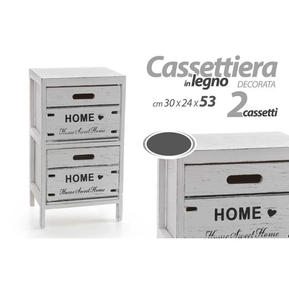 CASSETTIERA COMODINO HOME 2 CASSETTI LEGNO BIANCO ANTICATO 53X30X24CM SHABBY 787980