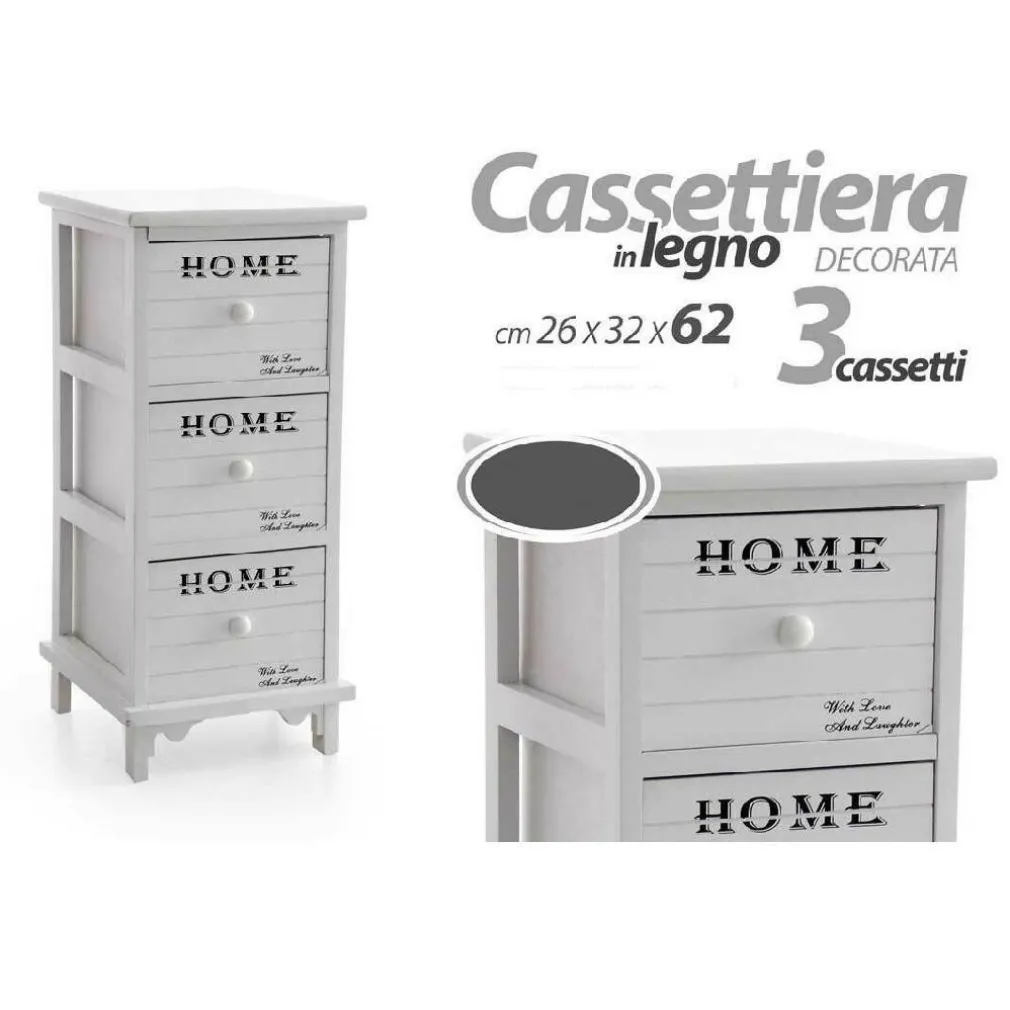 CASSETTIERA CON 3 CASSETTI H62 26X32CM DECORAZIONE HOME BIANCA LEGNO MODERNO