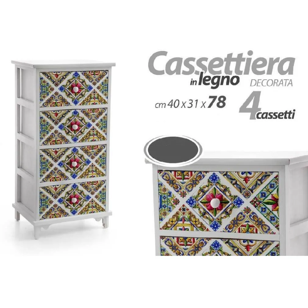 CASSETTIERA LEGNO 4 CASSETTI MEDITERRANEO CUCINA BAGNO CAMERA 78X40X31CM 829376