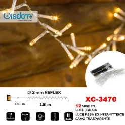 CATENA 12 LED A BATTERIA CAVO TRASPARENTE LUCE CALDA FISSA+INTERMITTENTE XC-3470