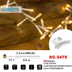 CATENA 24 LED A BATTERIA CAVO TRASPARENTE LUCE CALDA FISSA+INTERMITTENTE XC-3475