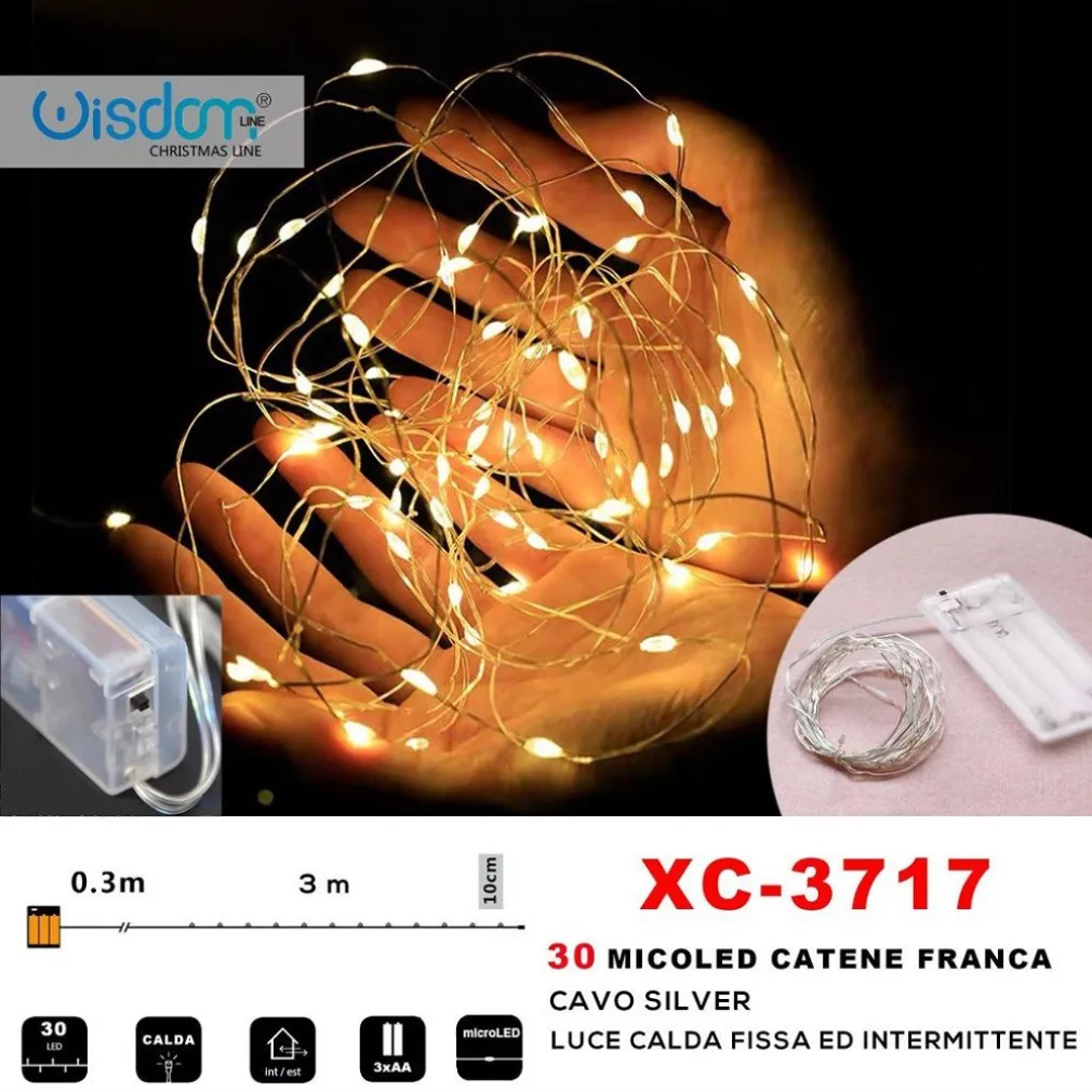 CATENA 30 MICROLED A BATTERIA CAVO SILVER LUCE CALDA FISSA+INTERMITTENTE XC-3717