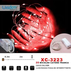 CATENA 20 MICROLED A BATTERIA CAVO SILVER LUCE ROSSA FISSA+INTERMITTENTE XC-3223