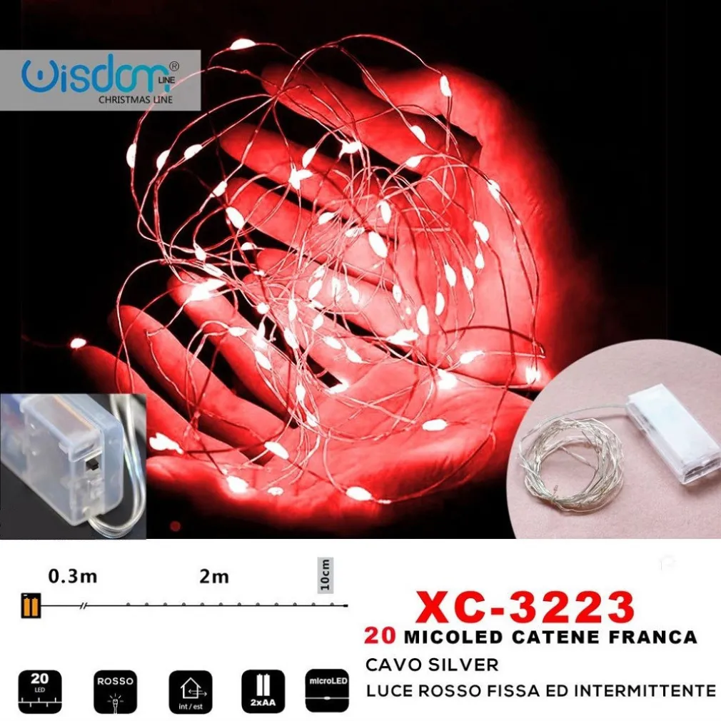 CATENA 20 MICROLED A BATTERIA CAVO SILVER LUCE ROSSA FISSA+INTERMITTENTE XC-3223