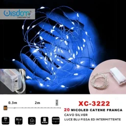 CATENA 20 MICROLED A BATTERIA CAVO SILVER LUCE BLU FISSA + INTERMITTENTE XC-3222