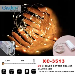 CATENA 20 MICROLED A BATTERIA CAVO SILVER LUCE CALDA FISSA+INTERMITTENTE XC-3513