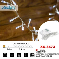 CATENA 24LED A BATTERIA CAVO TRASPARENTE LUCE BIANCA FISSA+INTERMITTENTE XC-3473