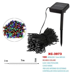 CATENA LUMINOSA 100 LED CON RICARICA AD ENERGIA SOLARE LUCE MULTICOLORE XC-3973