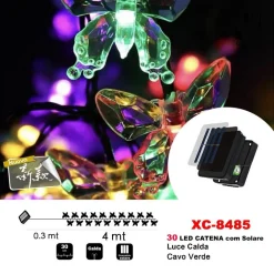 CATENA LUMINOSA 30 LED CON FARFALLE RICARICA ENERGIA SOLARE LUCE CALDA XC-8485