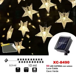 CATENA LUMINOSA 50 LED STELLE LUMINOSE LUCE AD ENERGIA SOLARE LUCE CALDA XC-8490