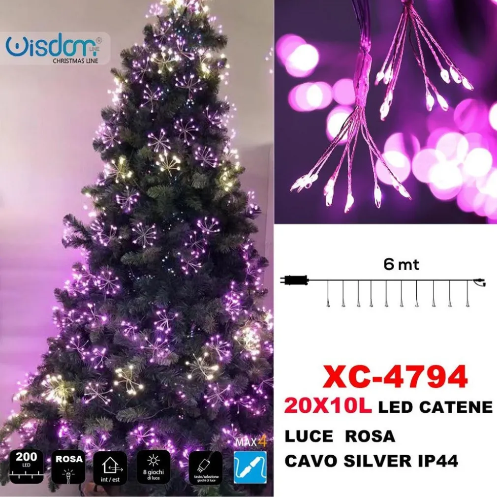 CATENA LUMINOSA 200 LED 20X10 LUCI CON CIUFFI LUCE ROSA CAVO SILVER IP44 XC-4794