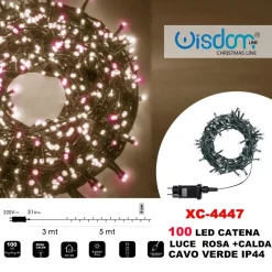 CATENA LUMINOSA 100 LUCI LED LUCCIOLE LUCE ROSA + CALDA CAVO VERDE IP44 XC-4447
