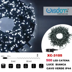CATENA LUMINOSA 500 LUCI LED LUCCIOLE LUCE BIANCA CAVO VERDE IP44 XC-3105