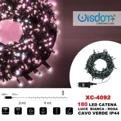 CATENA LUMINOSA 180 LUCI LED LUCCIOLE LUCE BIANCA + ROSA CAVO VERDE IP44 XC-4092